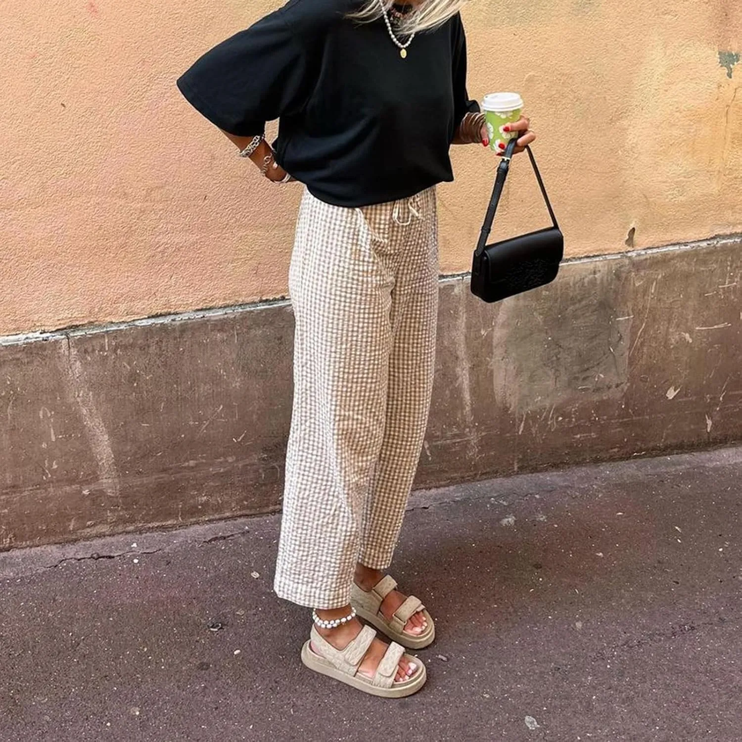Women Y2K Plaid Pants Summer Casual Drawstring High Waist Straight Leg Trousers Gingham Lounge Pants Streetwear