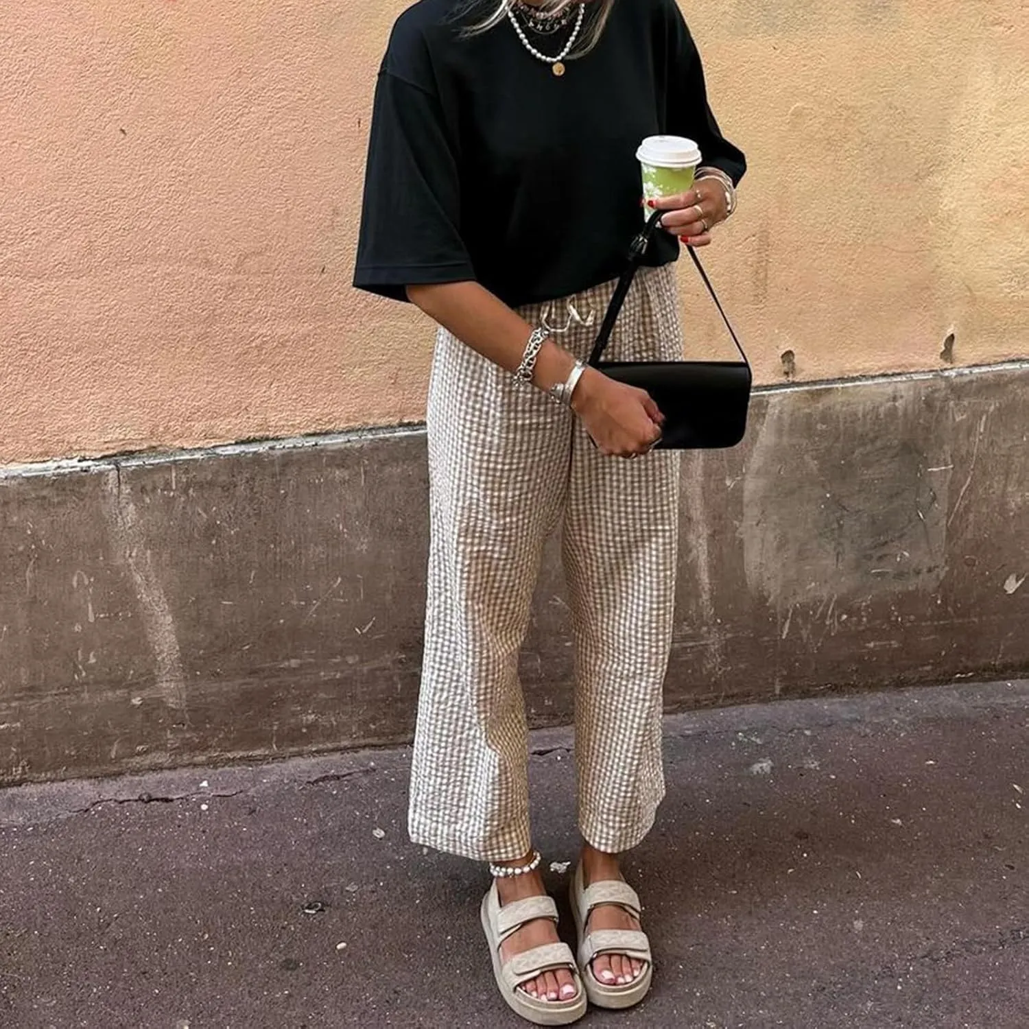 Women Y2K Plaid Pants Summer Casual Drawstring High Waist Straight Leg Trousers Gingham Lounge Pants Streetwear