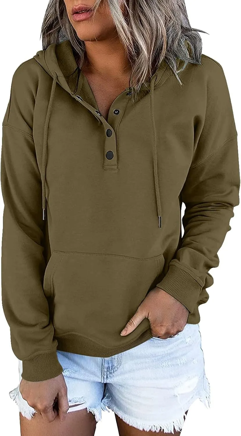 Womens 2024 Hooded Button Collar Drawstring Hoodies Pullover Sweatshirts Casual Long Sleeve Tops Shirts With Pocket