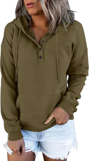 Womens 2024 Hooded Button Collar Drawstring Hoodies Pullover Sweatshirts Casual Long Sleeve Tops Shirts With Pocket