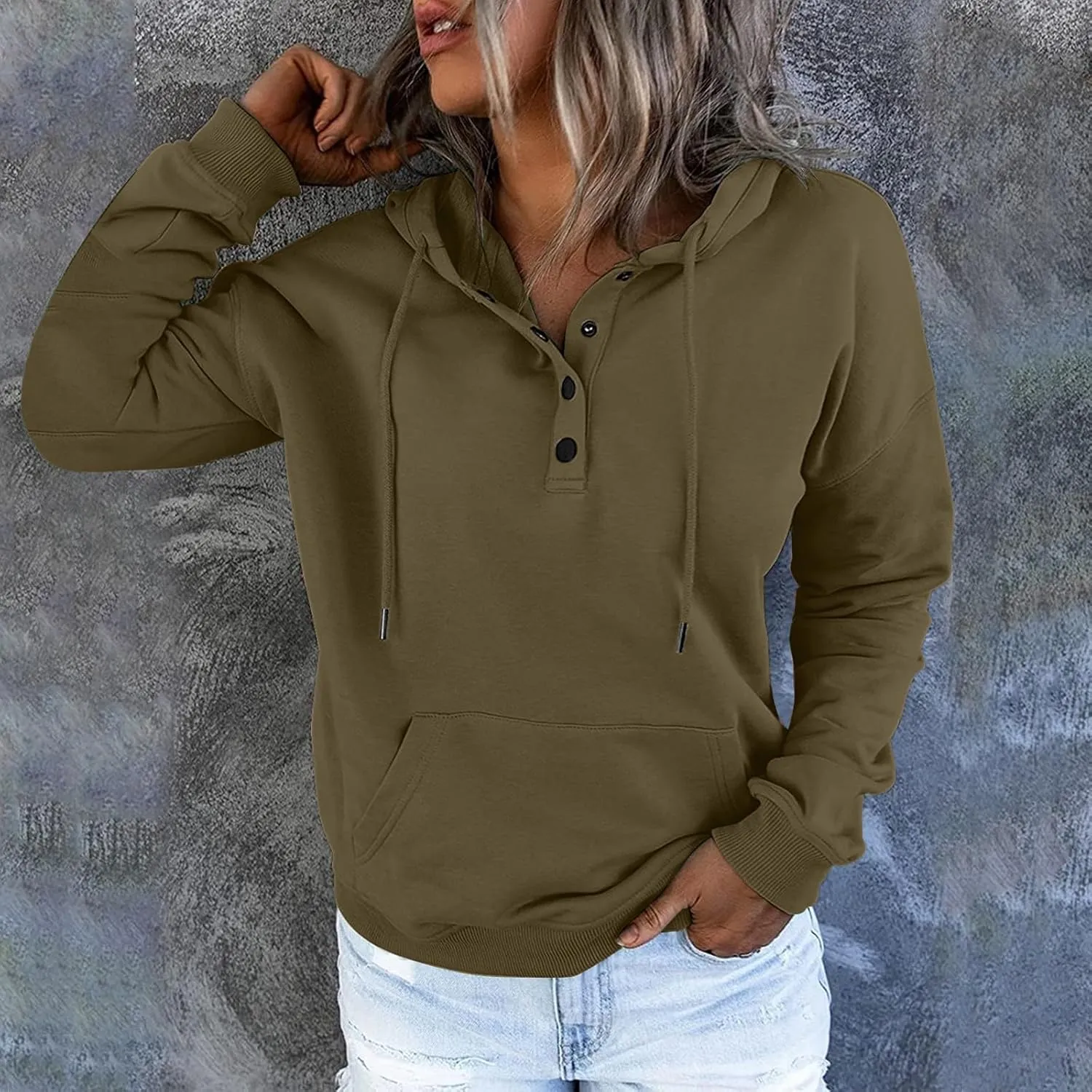 Womens 2024 Hooded Button Collar Drawstring Hoodies Pullover Sweatshirts Casual Long Sleeve Tops Shirts With Pocket