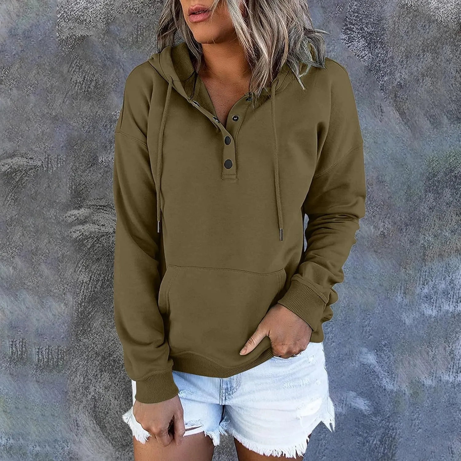 Womens 2024 Hooded Button Collar Drawstring Hoodies Pullover Sweatshirts Casual Long Sleeve Tops Shirts With Pocket