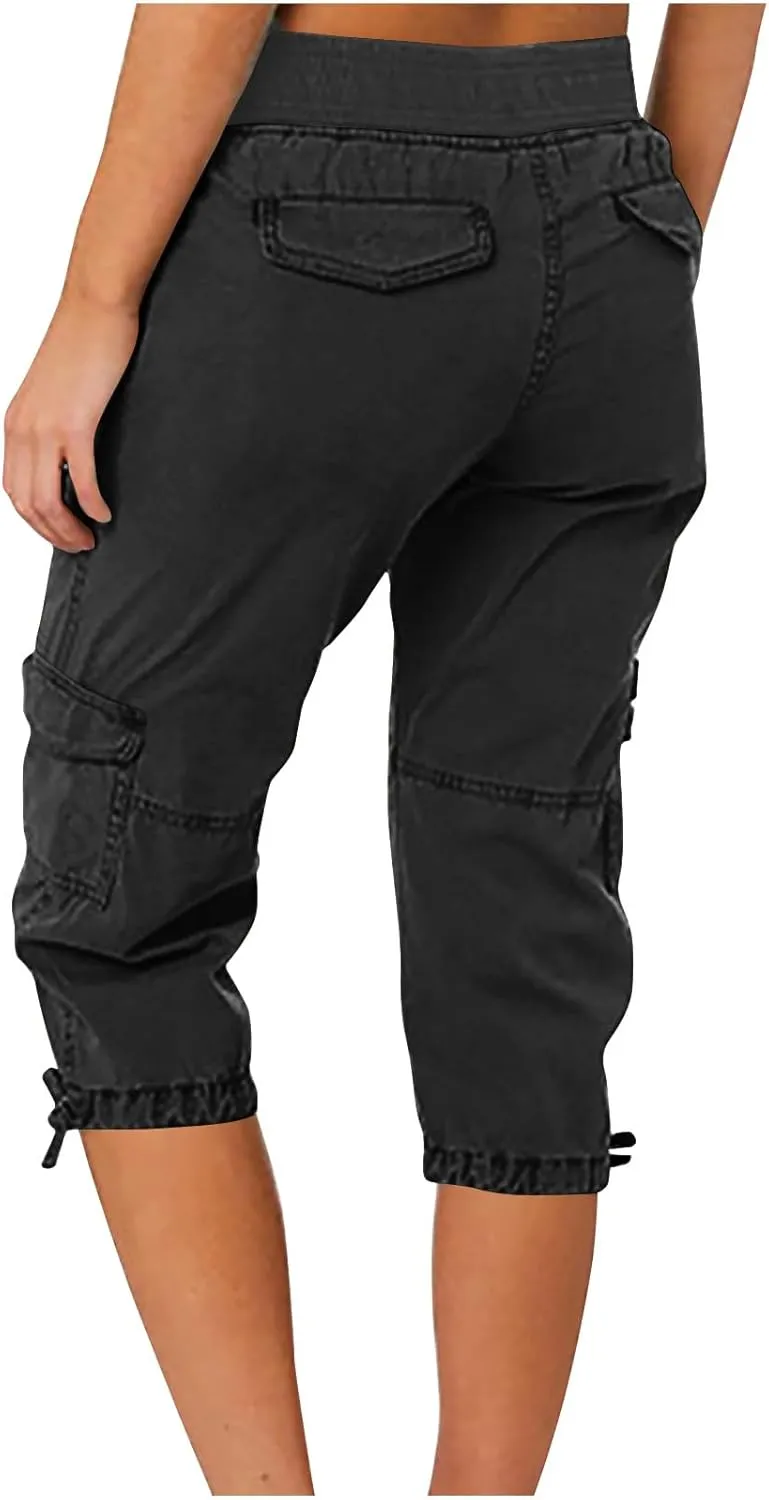 Women's Cargo Capris Relaxed Fit Low Waist Cargo Capri Pant Summer Casual Lightweight Lounge Cropped Trousers Pockets