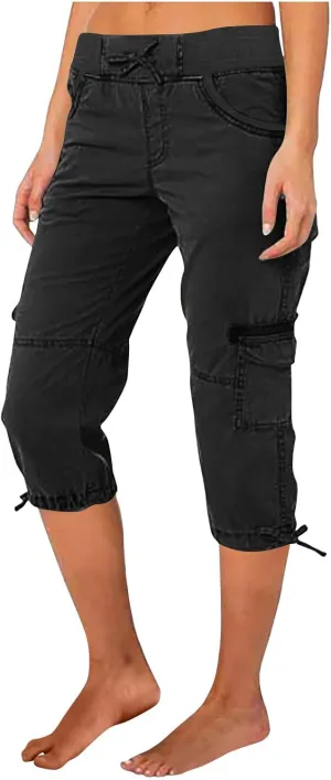 Women's Cargo Capris Relaxed Fit Low Waist Cargo Capri Pant Summer Casual Lightweight Lounge Cropped Trousers Pockets