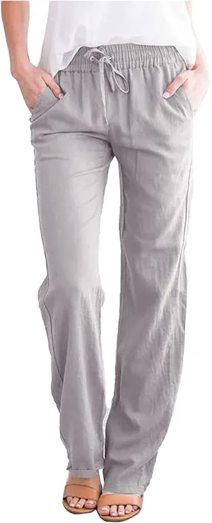 Women's Casual Cotton Linen Pants Summer Relax Fit Elastic Waist Straight Leg Comfy Solid Color Lounge Long Trouser