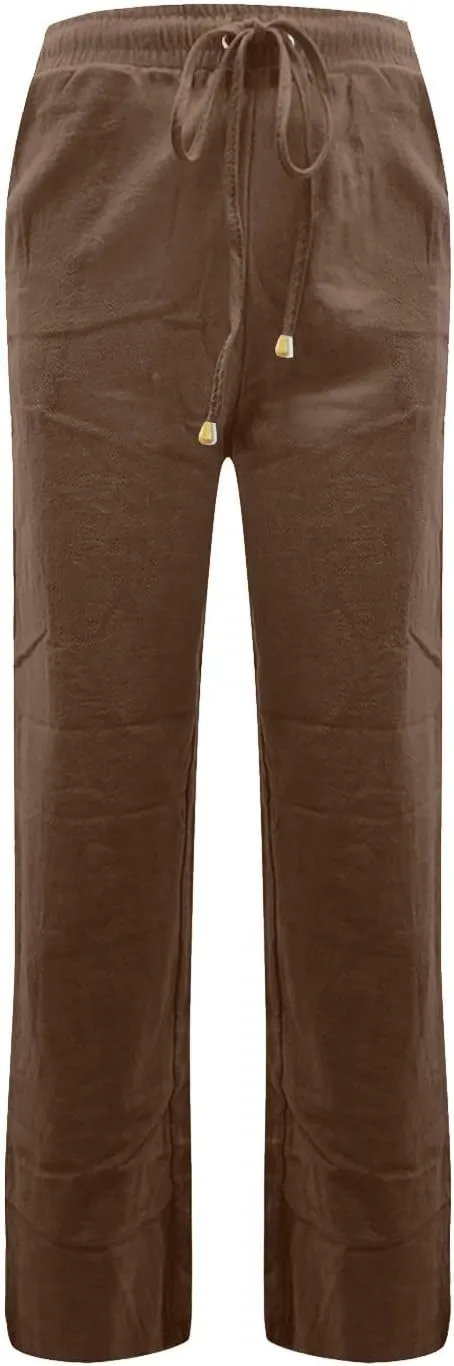 Women's Casual Cotton Linen Pants Summer Relax Fit Elastic Waist Straight Leg Comfy Solid Color Lounge Long Trouser