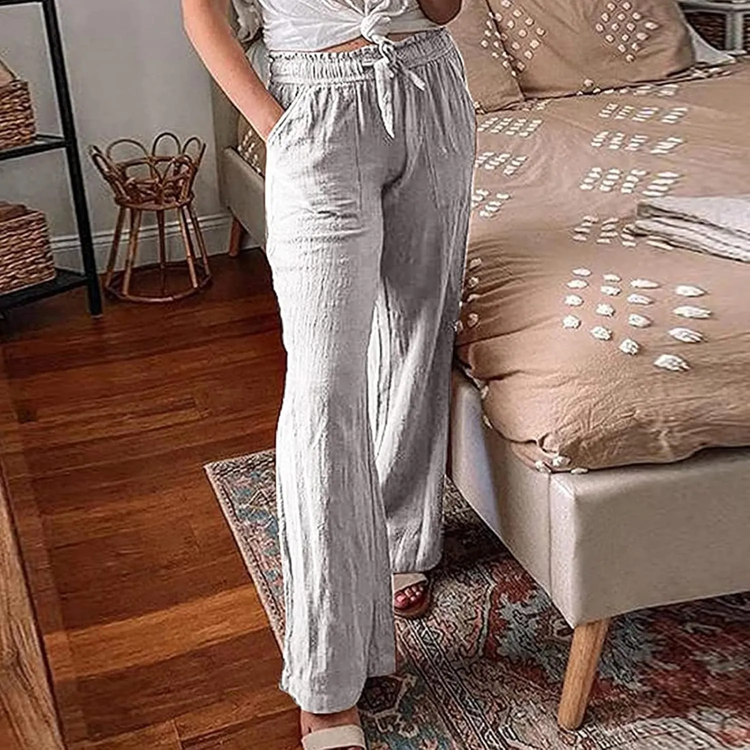 Women's Casual Cotton Linen Pants Summer Relax Fit Elastic Waist Straight Leg Comfy Solid Color Lounge Long Trouser