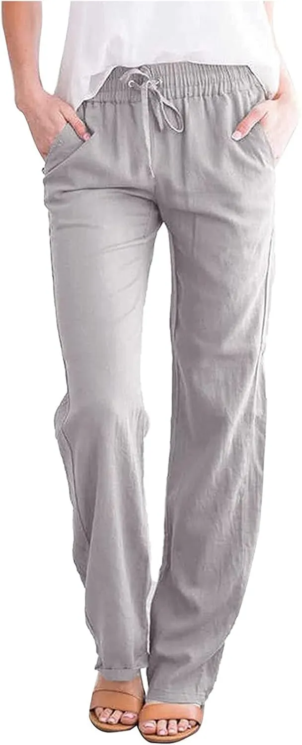Women's Casual Cotton Linen Pants Summer Relax Fit Elastic Waist Straight Leg Comfy Solid Color Lounge Long Trouser