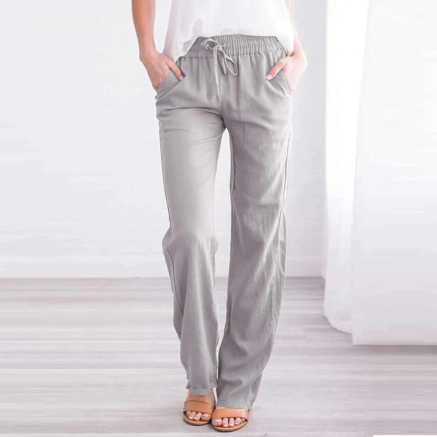 Women's Casual Cotton Linen Pants Summer Relax Fit Elastic Waist Straight Leg Comfy Solid Color Lounge Long Trouser