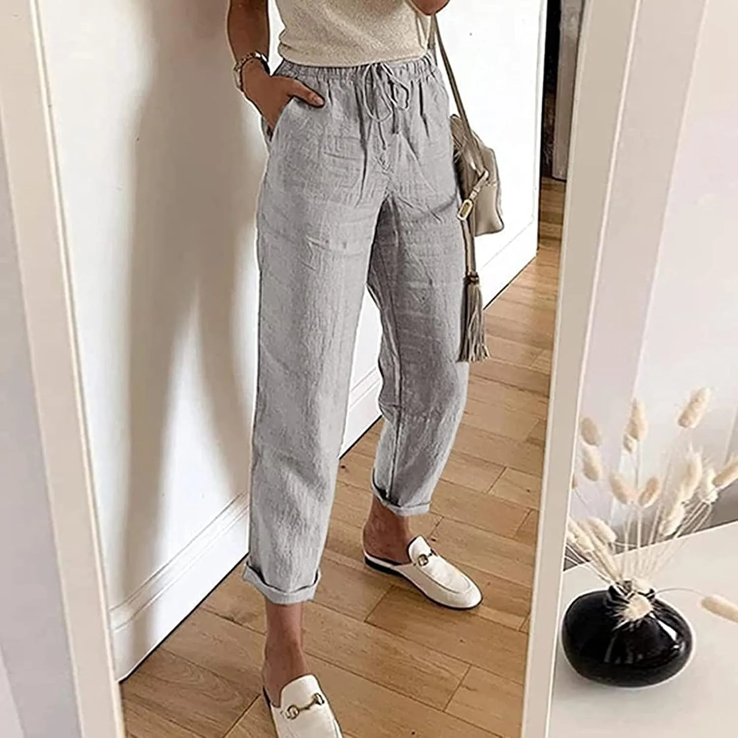 Women's Casual Cotton Linen Pants Summer Relax Fit Elastic Waist Straight Leg Comfy Solid Color Lounge Long Trouser