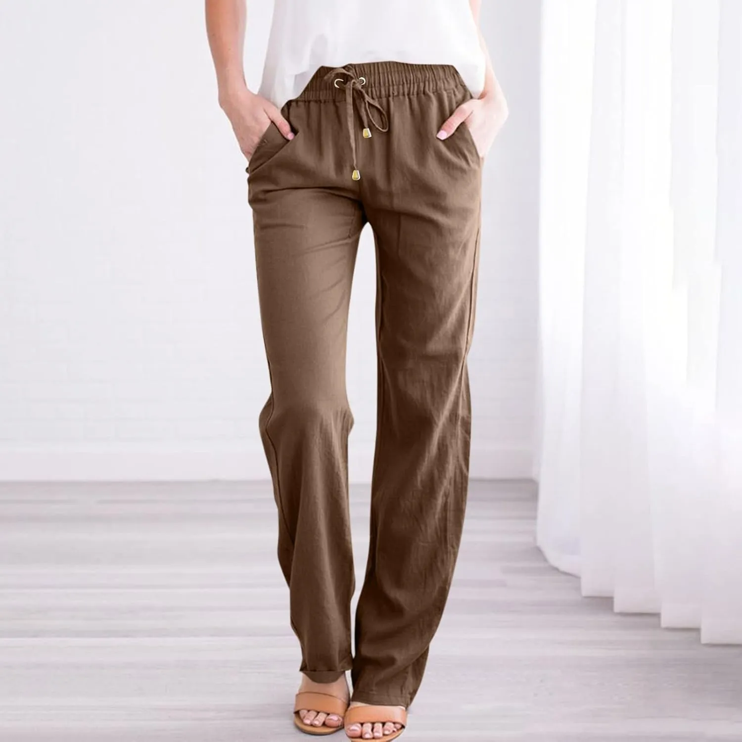 Women's Casual Cotton Linen Pants Summer Relax Fit Elastic Waist Straight Leg Comfy Solid Color Lounge Long Trouser