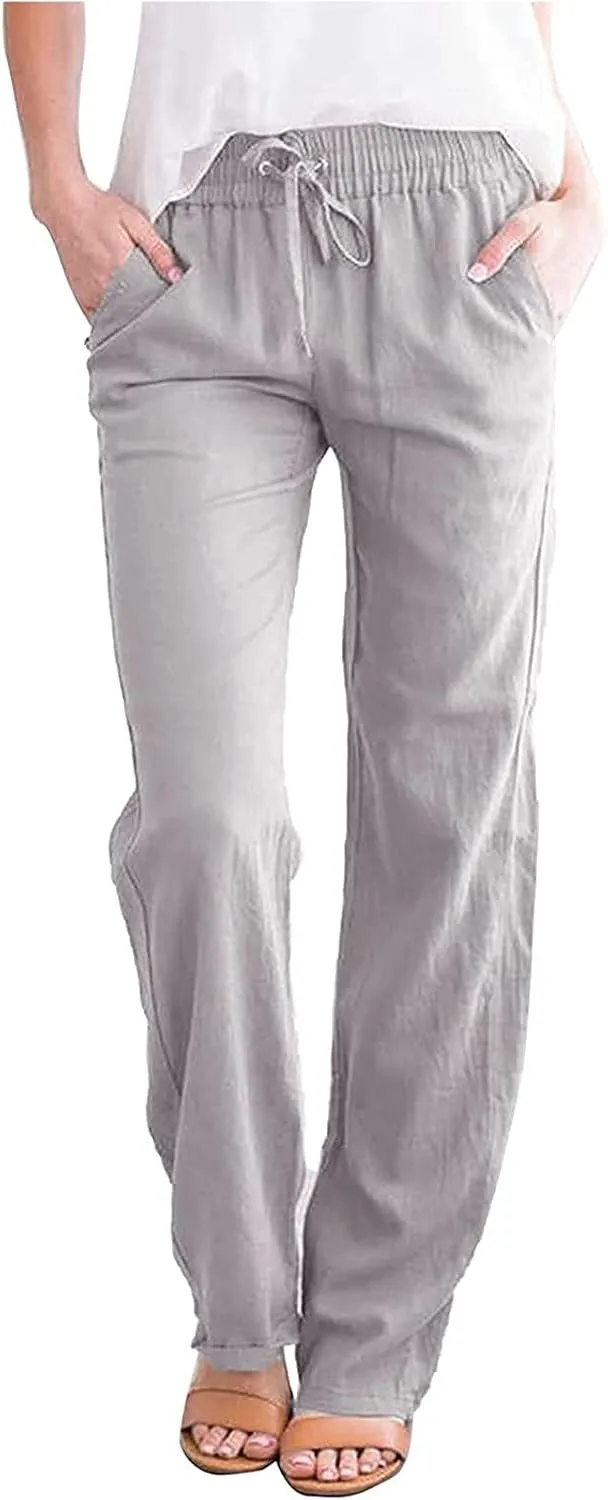 Women's Casual Cotton Linen Pants Summer Relax Fit Elastic Waist Straight Leg Comfy Solid Color Lounge Long Trouser