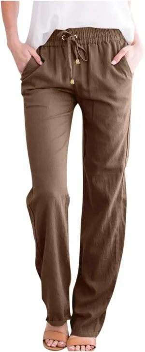 Women's Casual Cotton Linen Pants Summer Relax Fit Elastic Waist Straight Leg Comfy Solid Color Lounge Long Trouser