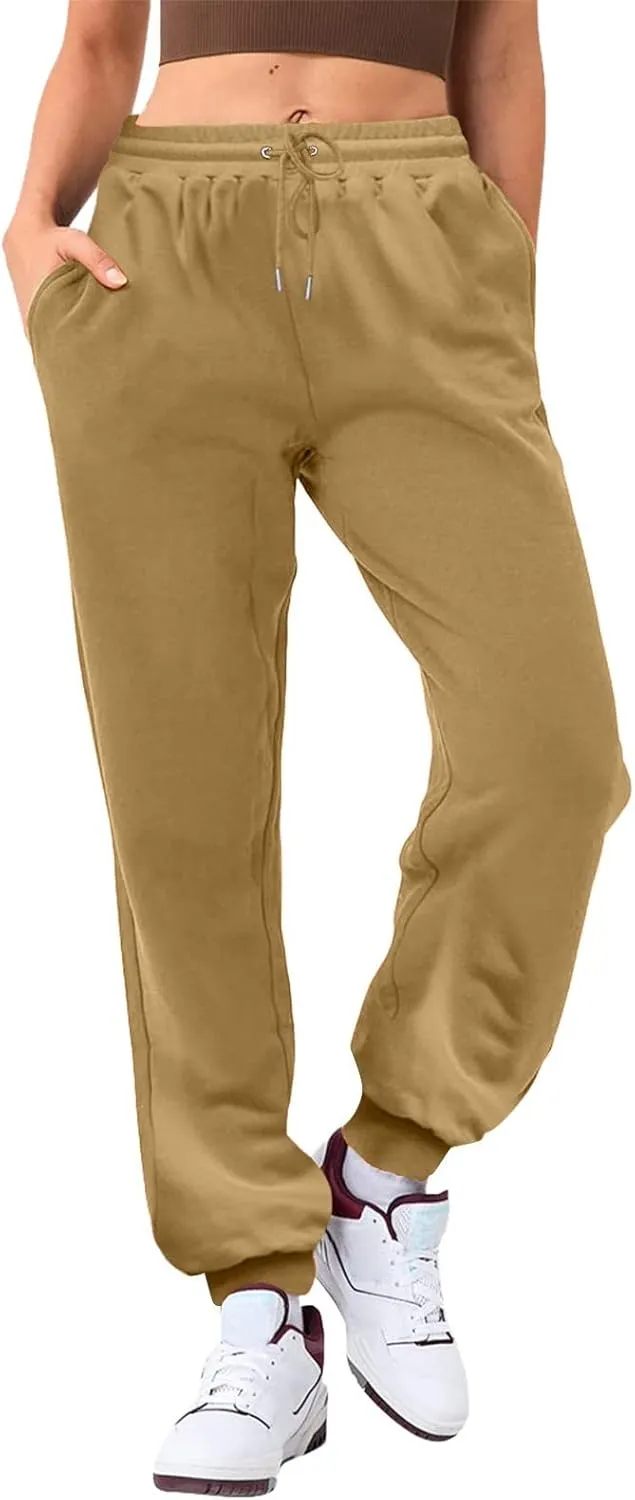 Women's Casual Elastic High Waist Running Sweatpants Business Casual Solid Color Cotton Soft Comfy Trousers Straight Leg Pant