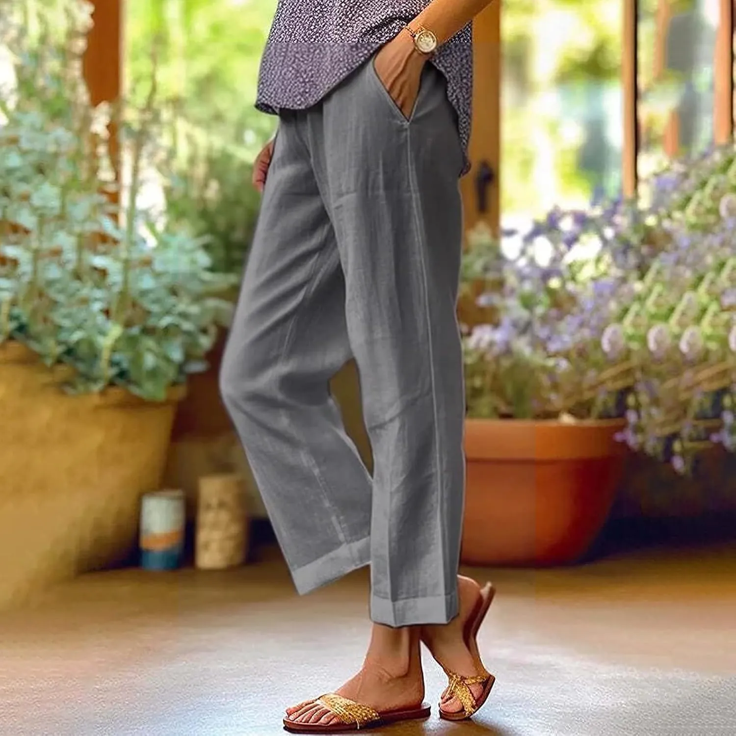 Women's Cotton Linen Casual Cropped Pants Classic Solid Color Straight Leg Baggy Trousers with Pockets Simple Versatile Pant