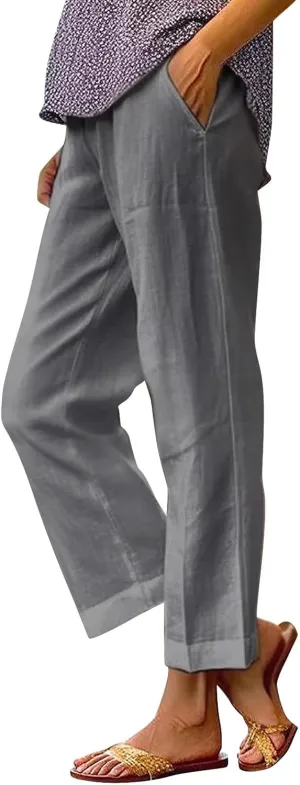 Women's Cotton Linen Casual Cropped Pants Classic Solid Color Straight Leg Baggy Trousers with Pockets Simple Versatile Pant