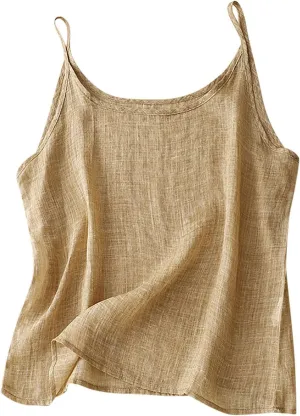 Womens Cotton Linen Gauze Cami Tops Spaghetti Strap Loose Tank Shirts Flowy Lightweight Camisole Summer Basic Tees