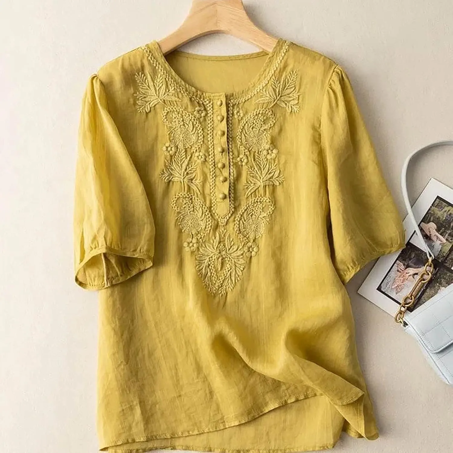 Womens Cotton Linen Short Sleeve Shirts Summer Casual Tops Loose Crewneck Boho Top Vintage Embroidered, Small