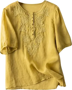 Womens Cotton Linen Short Sleeve Shirts Summer Casual Tops Loose Crewneck Boho Top Vintage Embroidered, Small