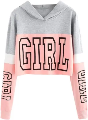 Women's Cropped Hoodies Girl Letter Print Pullover Crop Top Long Sleeves Fleece Hooded Sweatshirt Fall Outfits