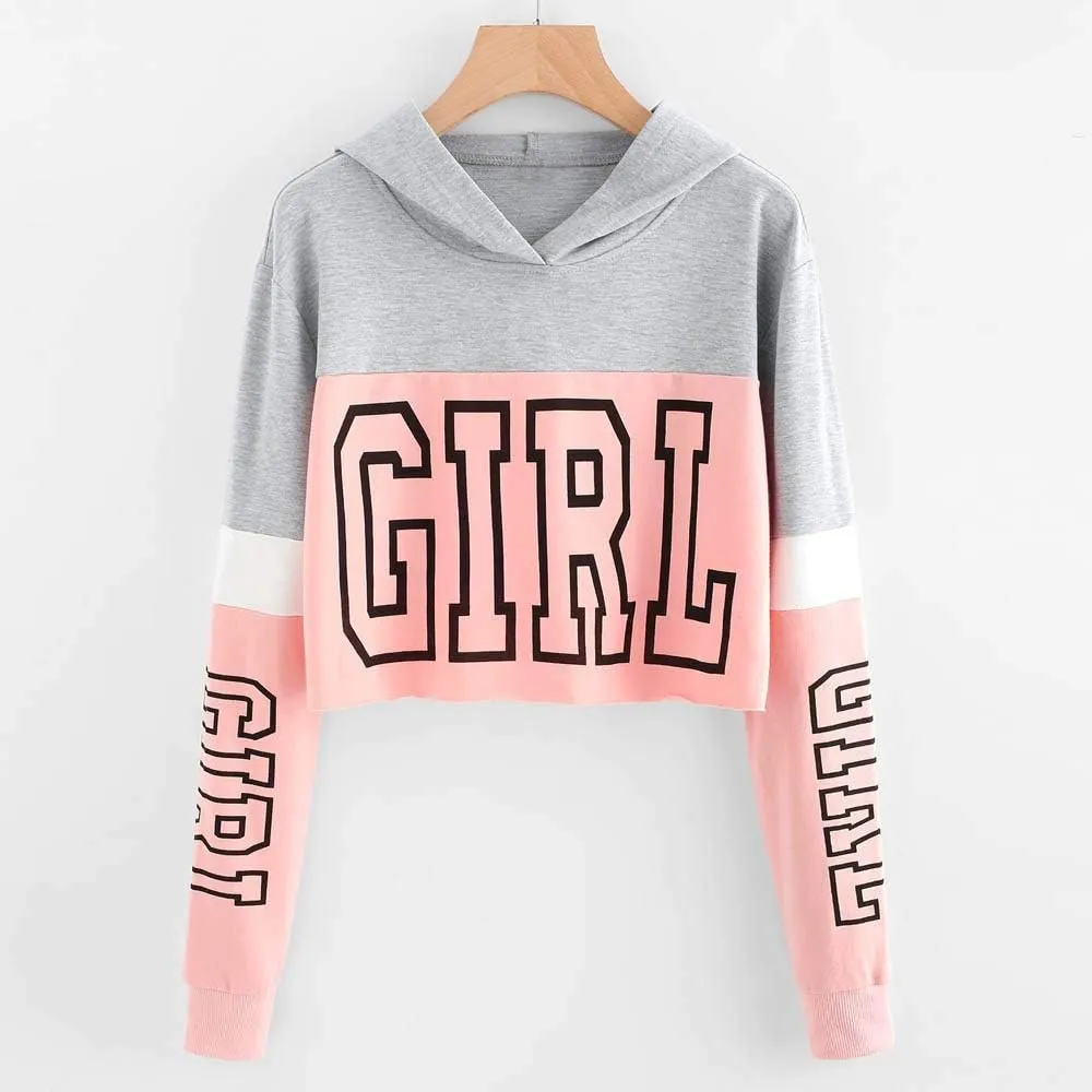 Women's Cropped Hoodies Girl Letter Print Pullover Crop Top Long Sleeves Fleece Hooded Sweatshirt Fall Outfits