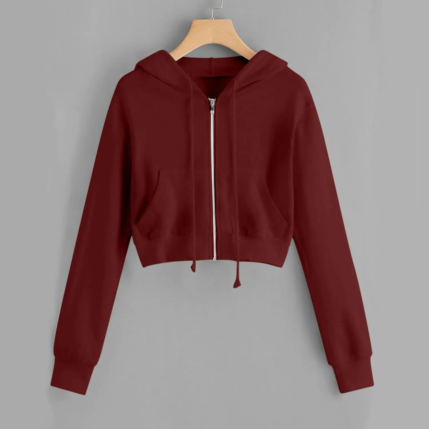 Womens Cropped Solid Color Tops Long Sleeve Fleece Sweatshirts Zip Up Hoodie with Pockets Fitting Running Blouses