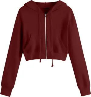 Womens Cropped Solid Color Tops Long Sleeve Fleece Sweatshirts Zip Up Hoodie with Pockets Fitting Running Blouses