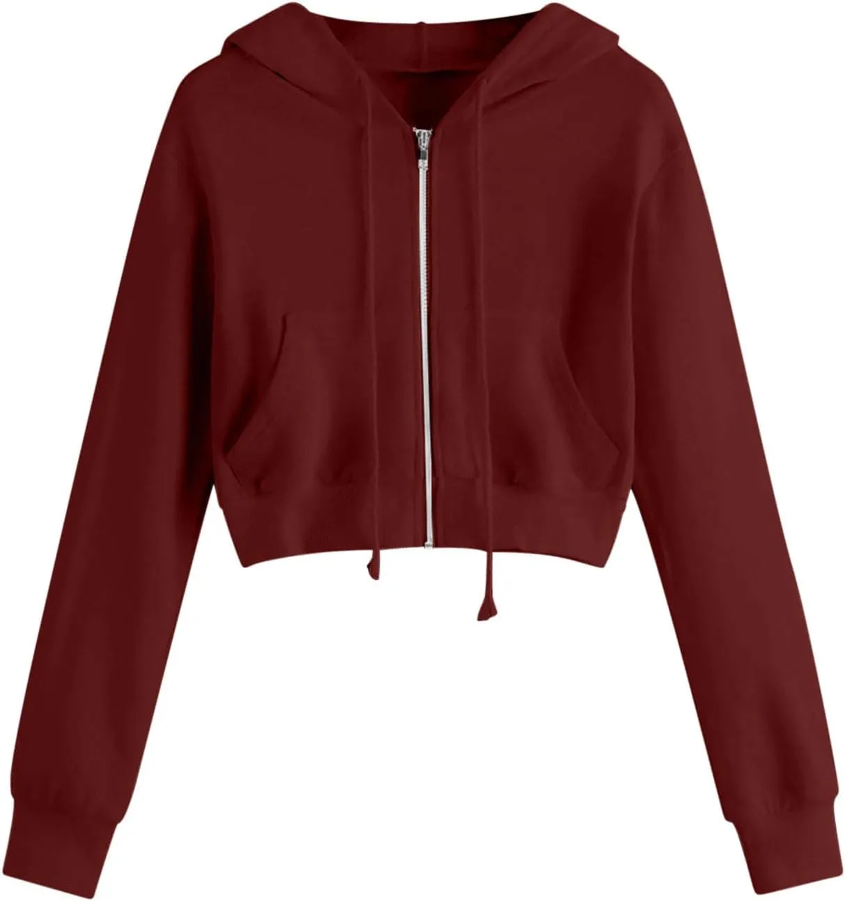 Womens Cropped Solid Color Tops Long Sleeve Fleece Sweatshirts Zip Up Hoodie with Pockets Fitting Running Blouses