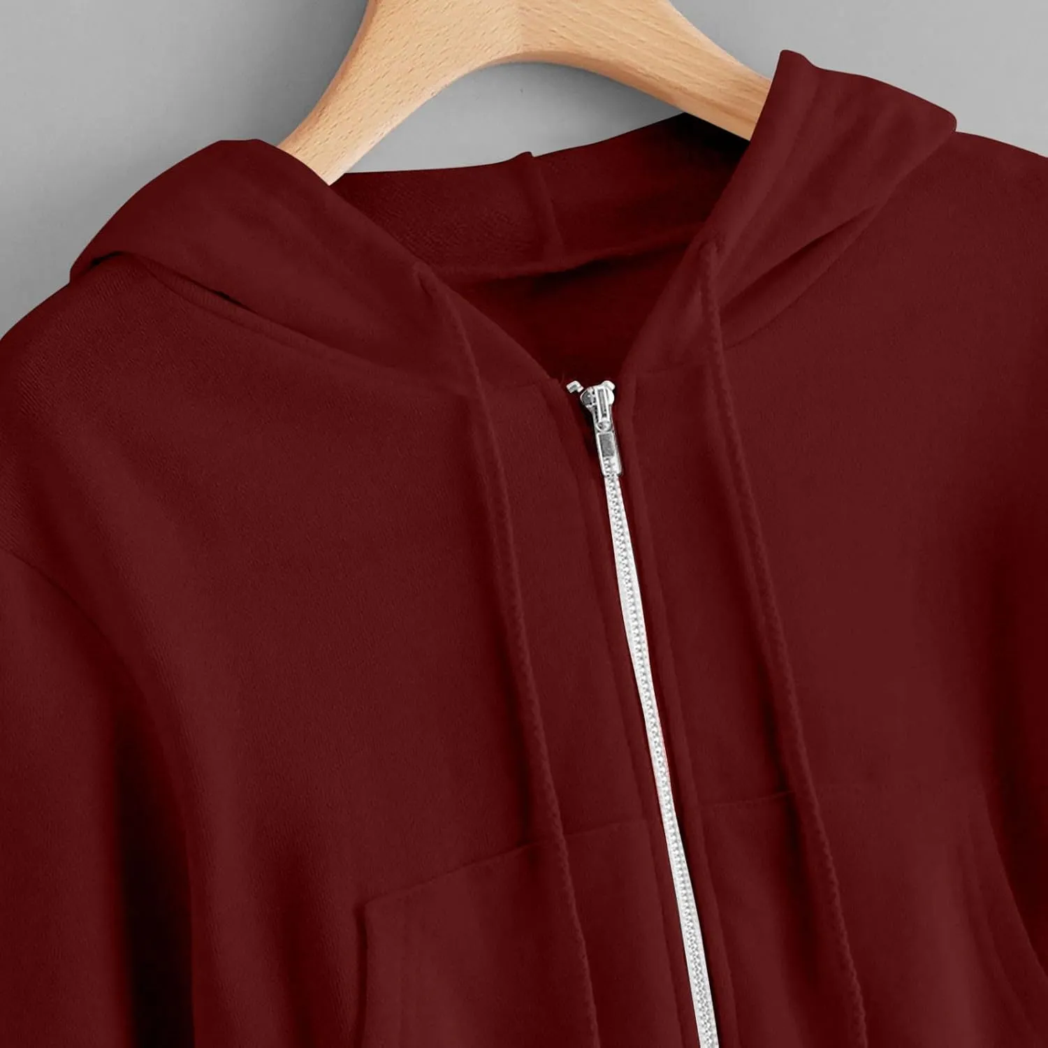 Womens Cropped Solid Color Tops Long Sleeve Fleece Sweatshirts Zip Up Hoodie with Pockets Fitting Running Blouses