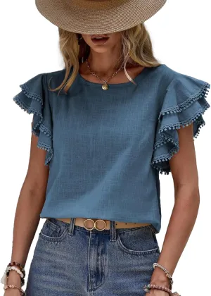 Women's Dressy Casual Tops Business Work Blouses Linen Shirts Cap Sleeve Crew Neck Tshirt Basic Tees