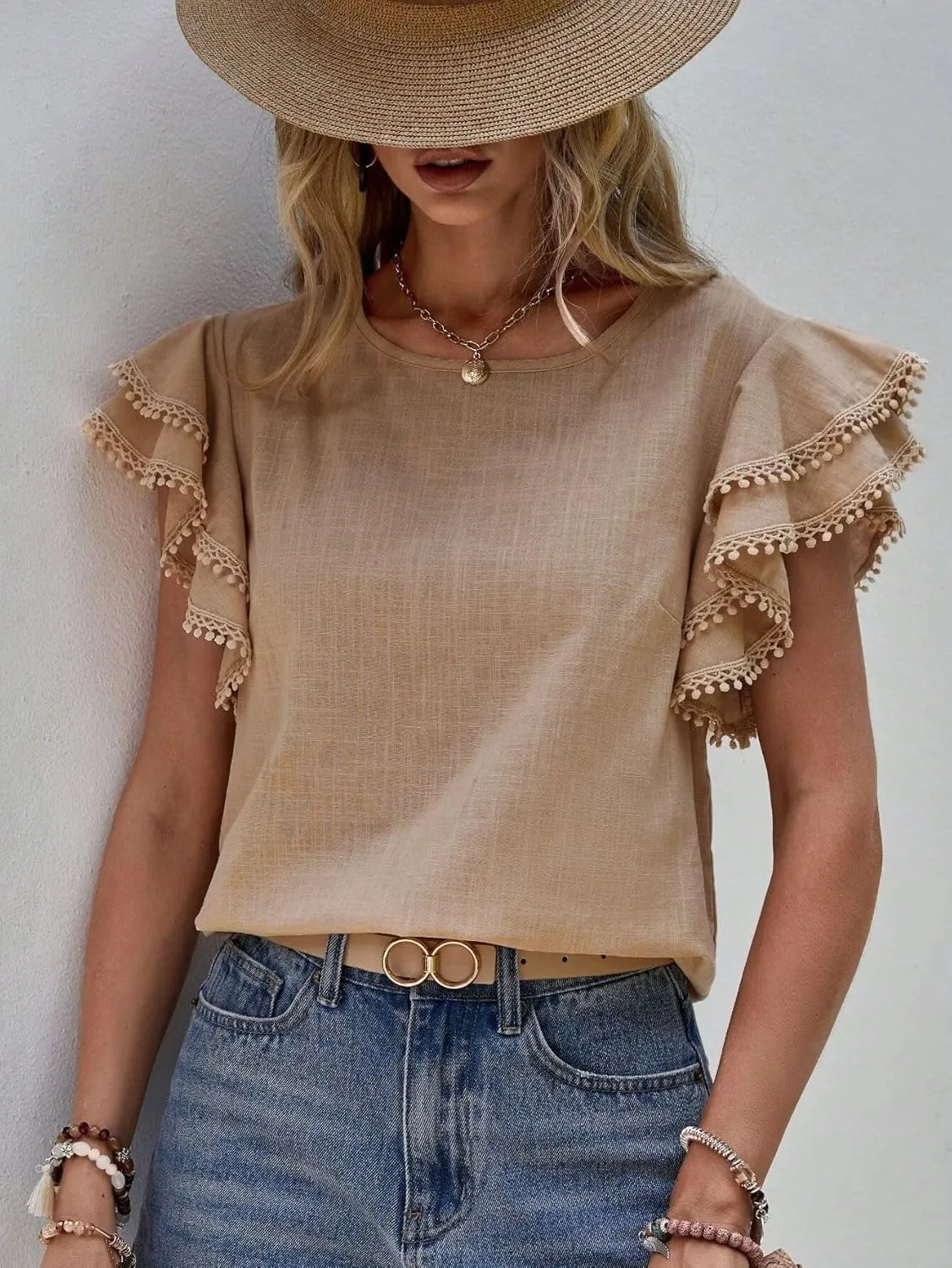 Women's Dressy Casual Tops Business Work Blouses Linen Shirts Cap Sleeve Crew Neck Tshirt Basic Tees