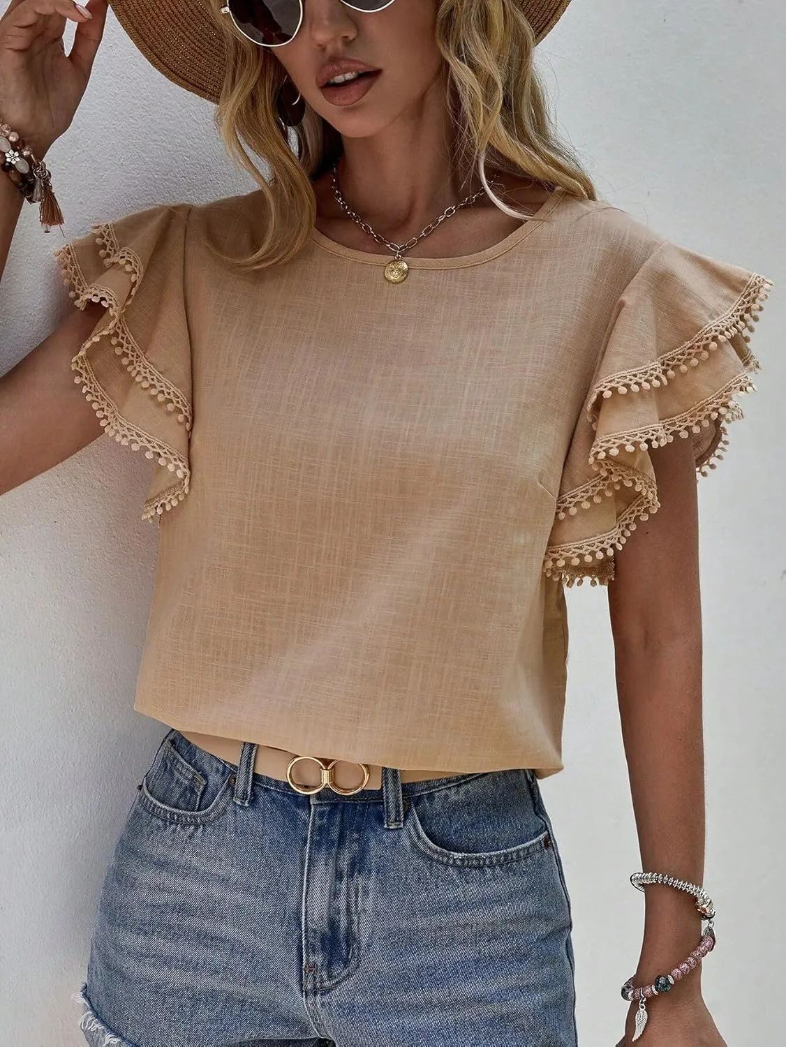 Women's Dressy Casual Tops Business Work Blouses Linen Shirts Cap Sleeve Crew Neck Tshirt Basic Tees