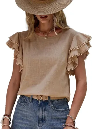 Women's Dressy Casual Tops Business Work Blouses Linen Shirts Cap Sleeve Crew Neck Tshirt Basic Tees