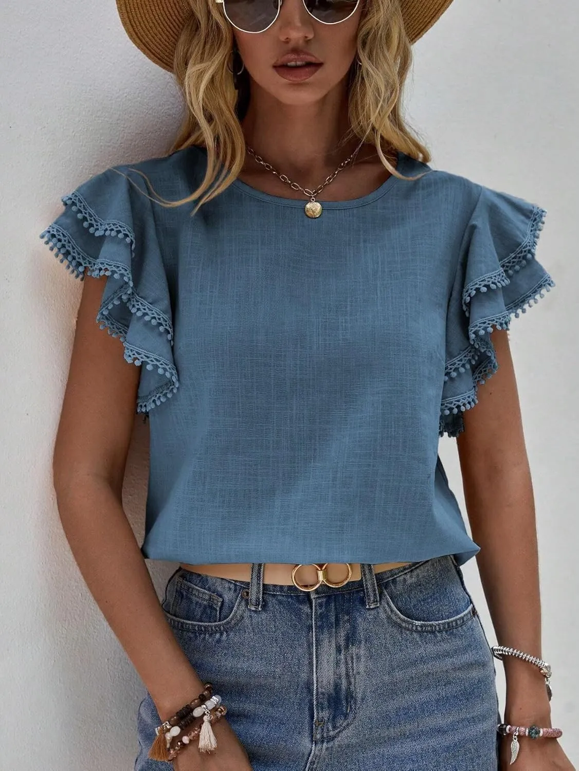 Women's Dressy Casual Tops Business Work Blouses Linen Shirts Cap Sleeve Crew Neck Tshirt Basic Tees
