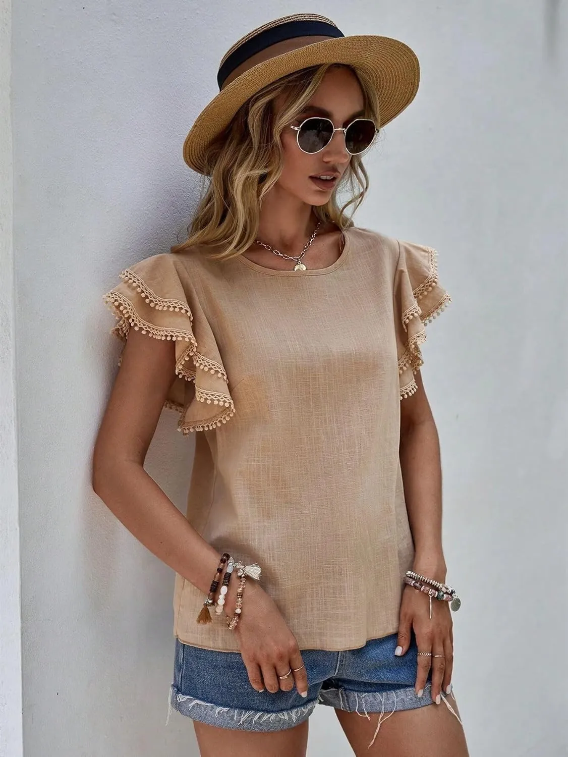 Women's Dressy Casual Tops Business Work Blouses Linen Shirts Cap Sleeve Crew Neck Tshirt Basic Tees