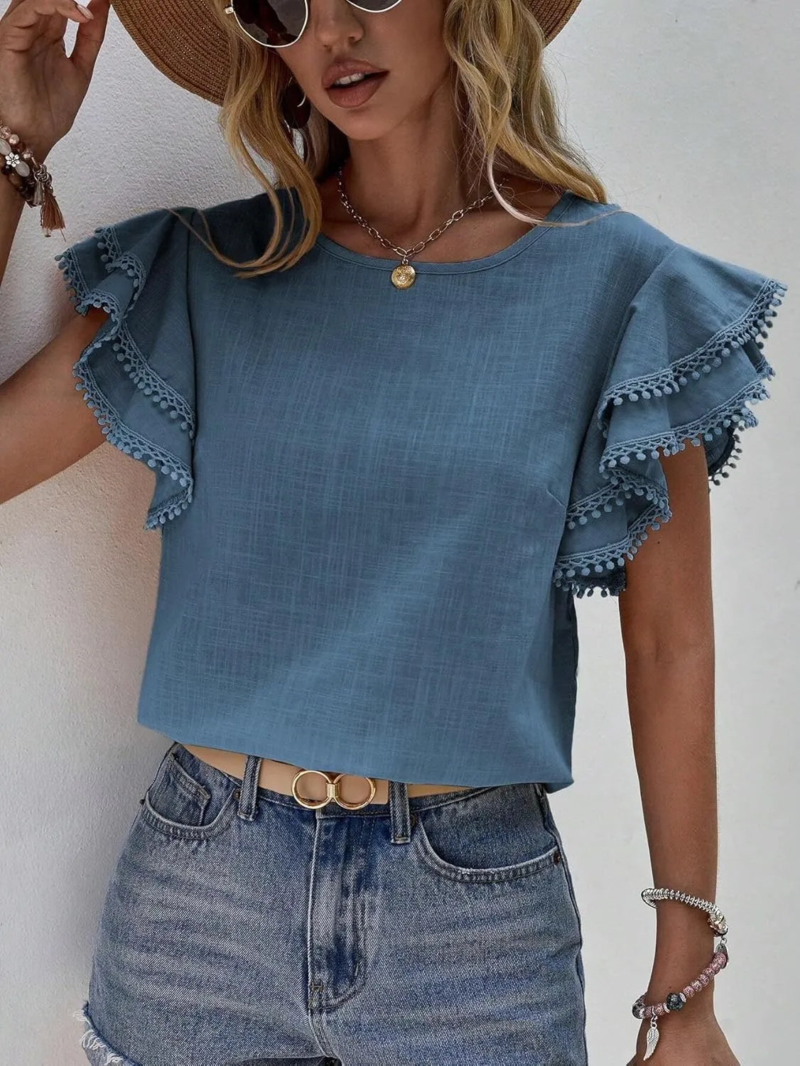 Women's Dressy Casual Tops Business Work Blouses Linen Shirts Cap Sleeve Crew Neck Tshirt Basic Tees