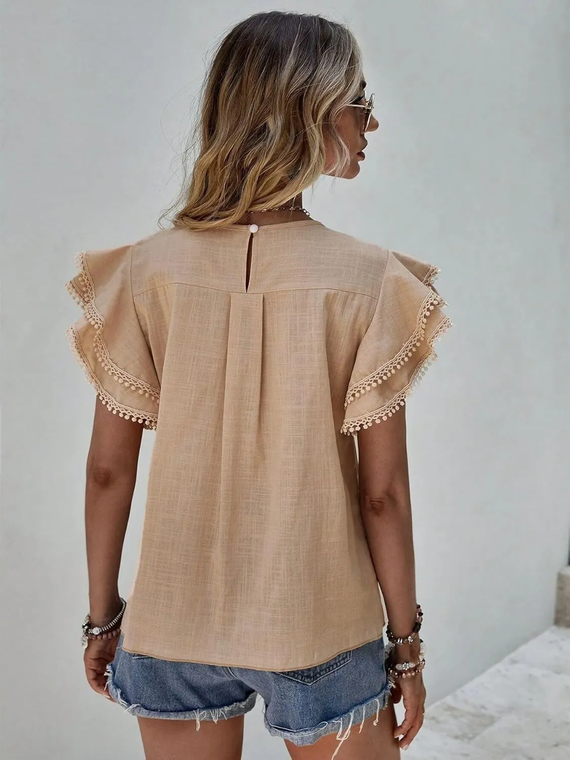 Women's Dressy Casual Tops Business Work Blouses Linen Shirts Cap Sleeve Crew Neck Tshirt Basic Tees