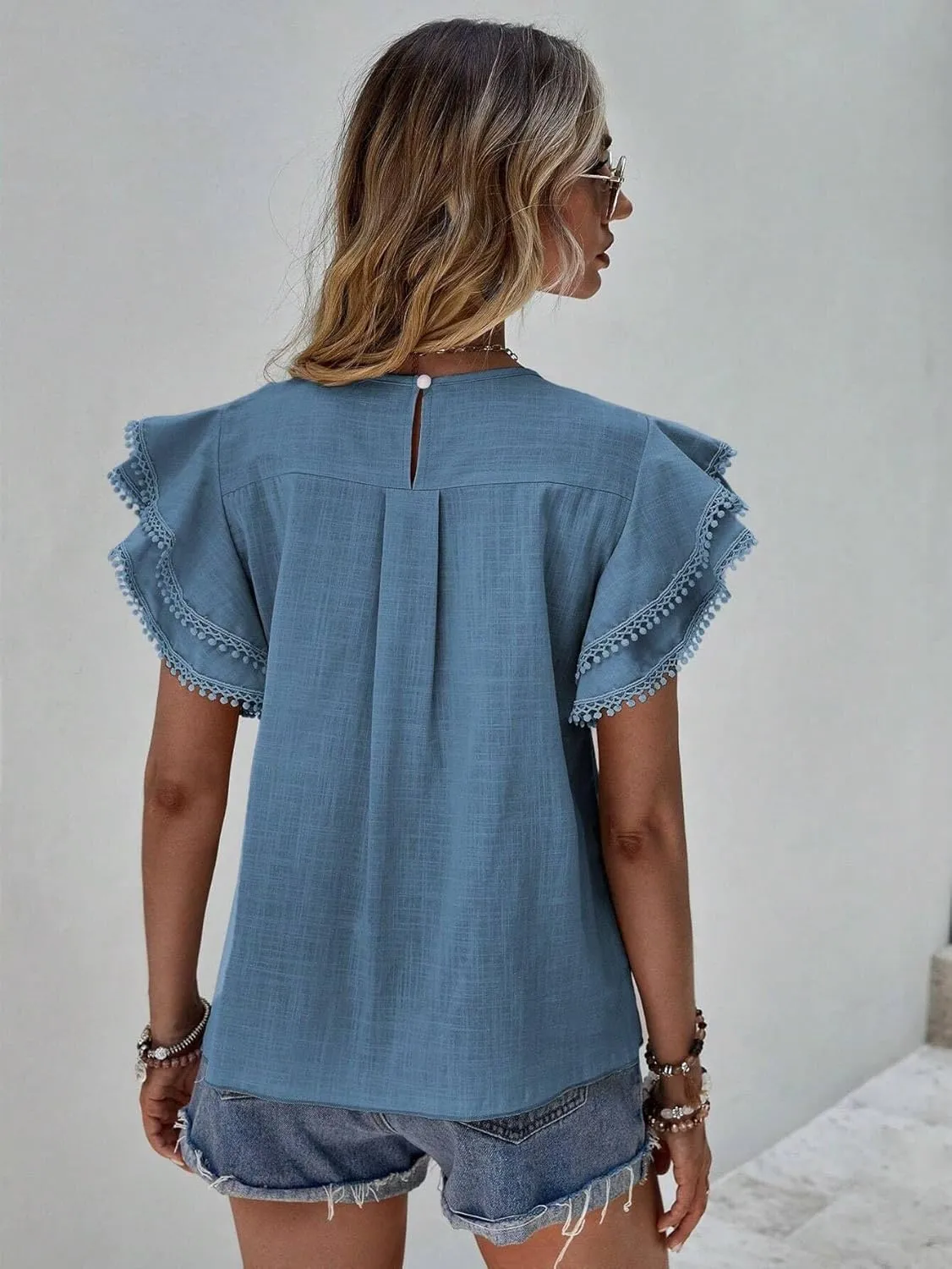Women's Dressy Casual Tops Business Work Blouses Linen Shirts Cap Sleeve Crew Neck Tshirt Basic Tees