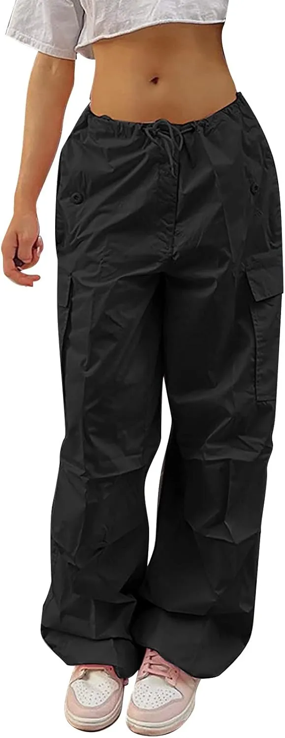 Women's Elastic Mid Waisted Drawstring Cargo Pants Solid Wide Straight Leg Casual Trousers Summer Street Lightweight Pants