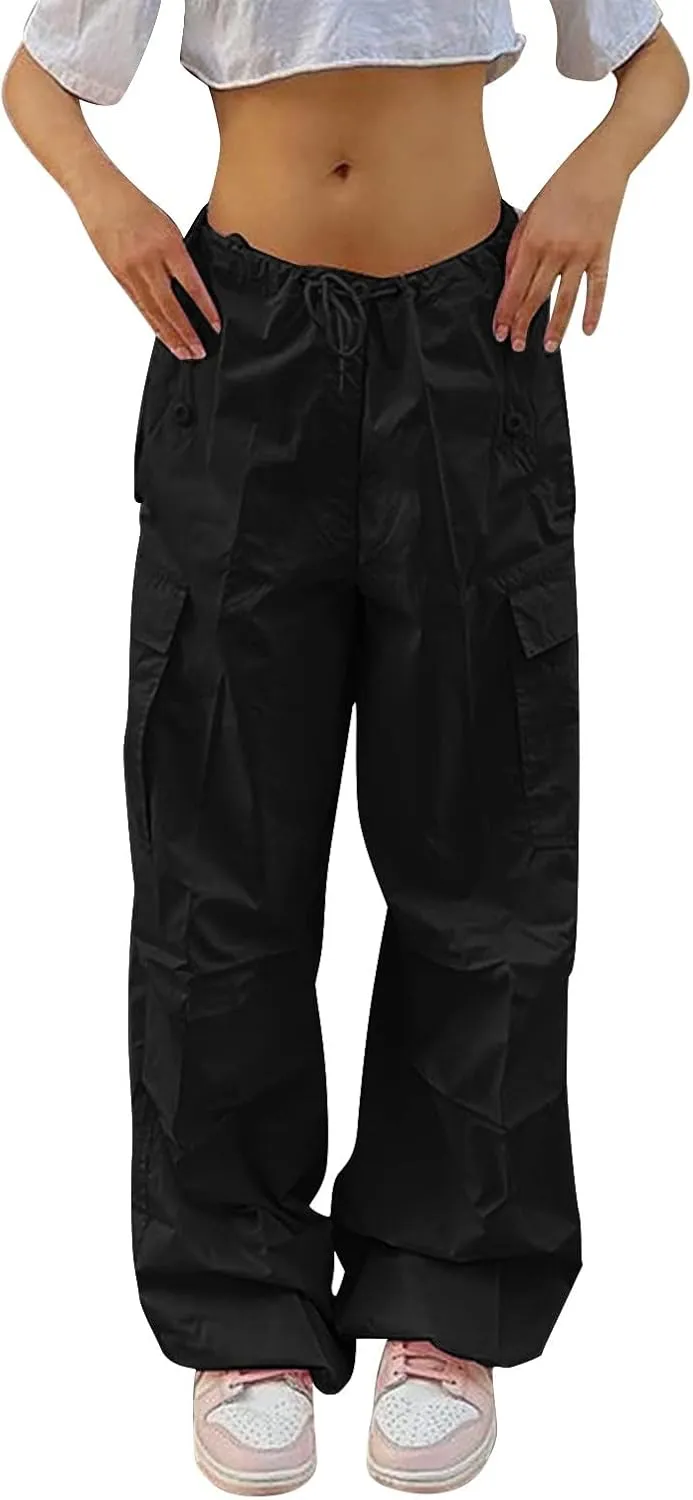 Women's Elastic Mid Waisted Drawstring Cargo Pants Solid Wide Straight Leg Casual Trousers Summer Street Lightweight Pants