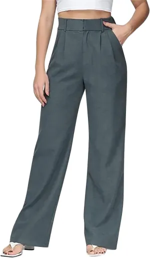 Womens Elegant Work Business Dress Pants Plus Size Wide Leg High Waisted Long Trousers Straight Pull On Flowy Slacks