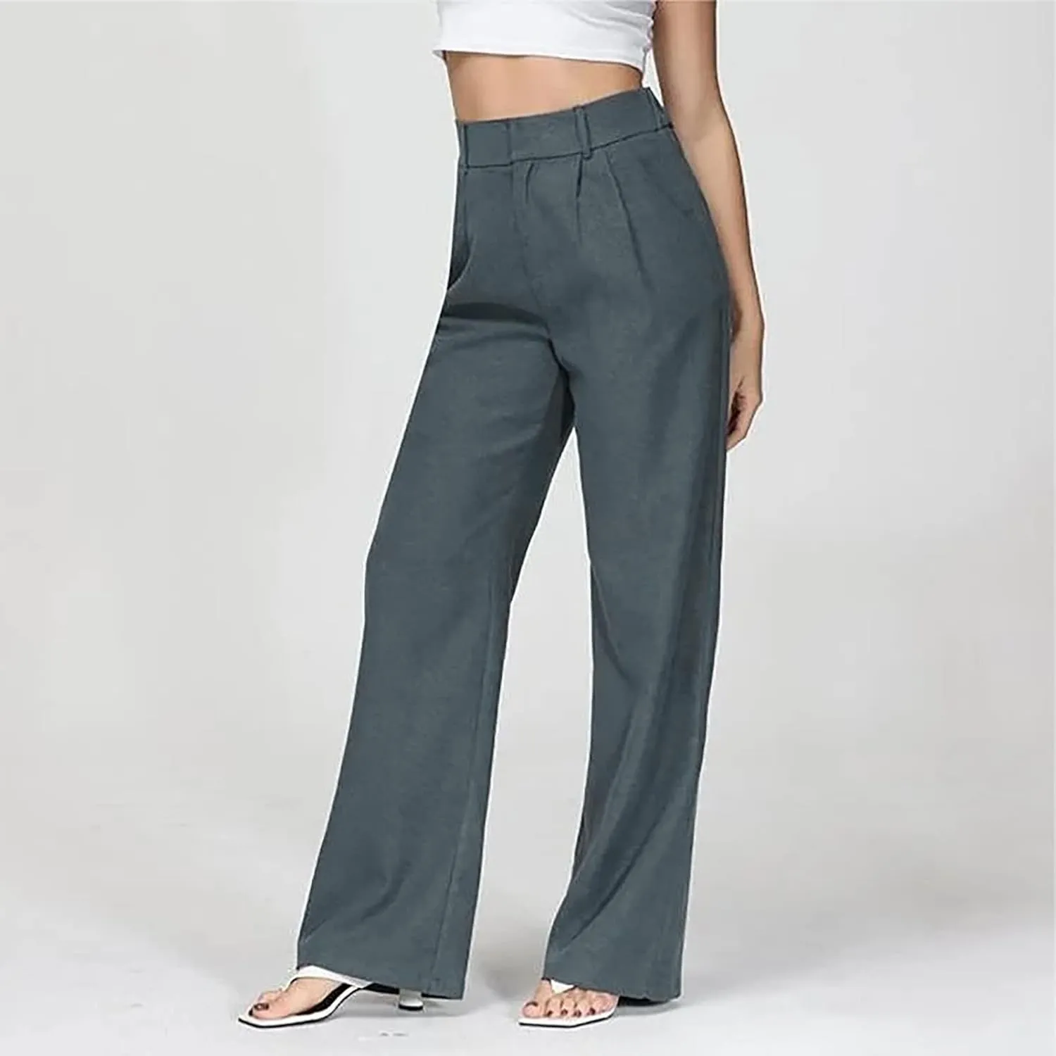 Womens Elegant Work Business Dress Pants Plus Size Wide Leg High Waisted Long Trousers Straight Pull On Flowy Slacks