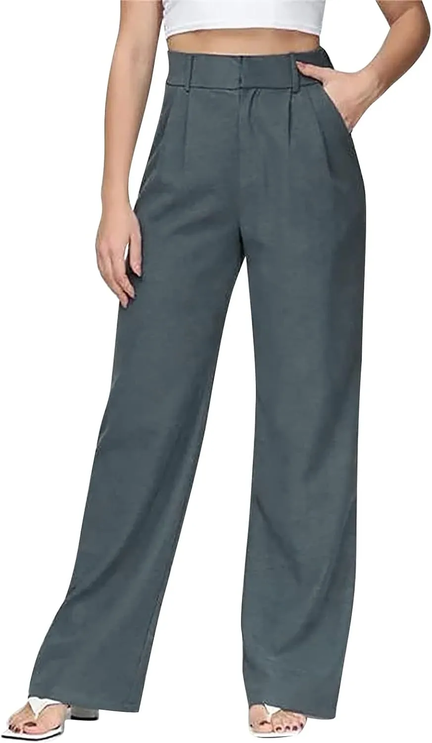 Womens Elegant Work Business Dress Pants Plus Size Wide Leg High Waisted Long Trousers Straight Pull On Flowy Slacks