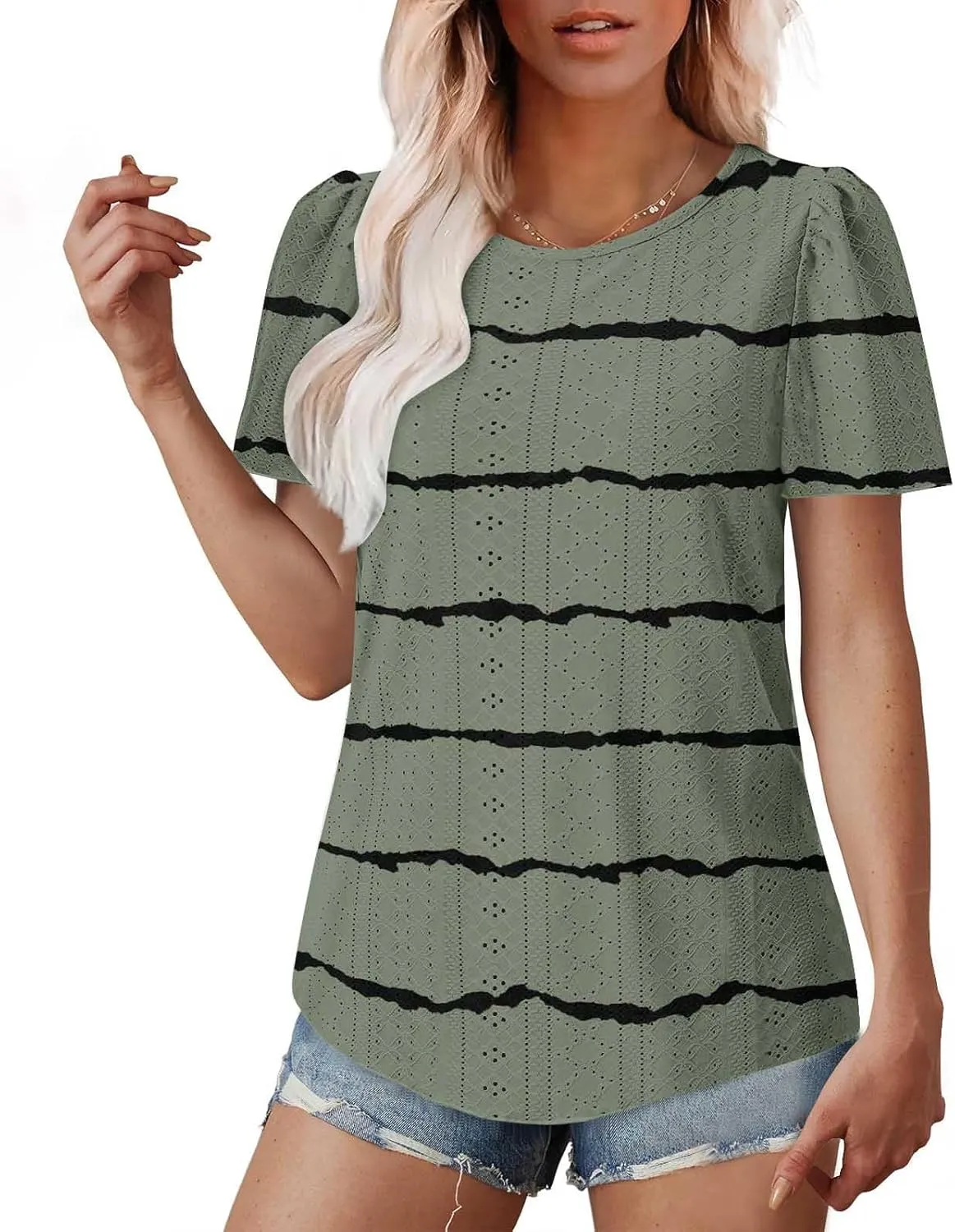 Womens Eyelet Shirts Short Sleeve Crewneck Tops Summer Casual Loose Fit Tunic Blouses Daily Work Basic Tees
