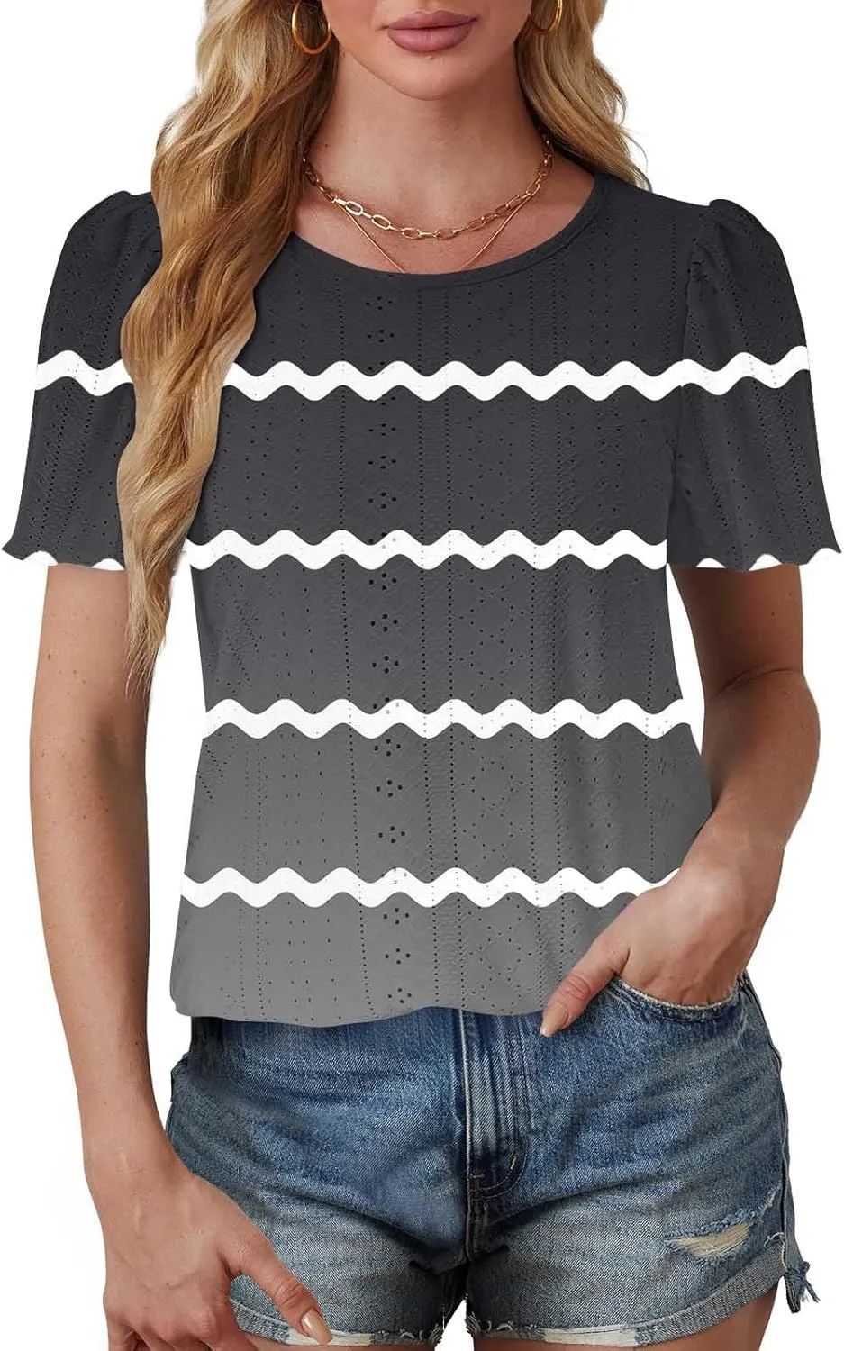 Womens Eyelet Shirts Short Sleeve Crewneck Tops Summer Casual Loose Fit Tunic Blouses Daily Work Basic Tees