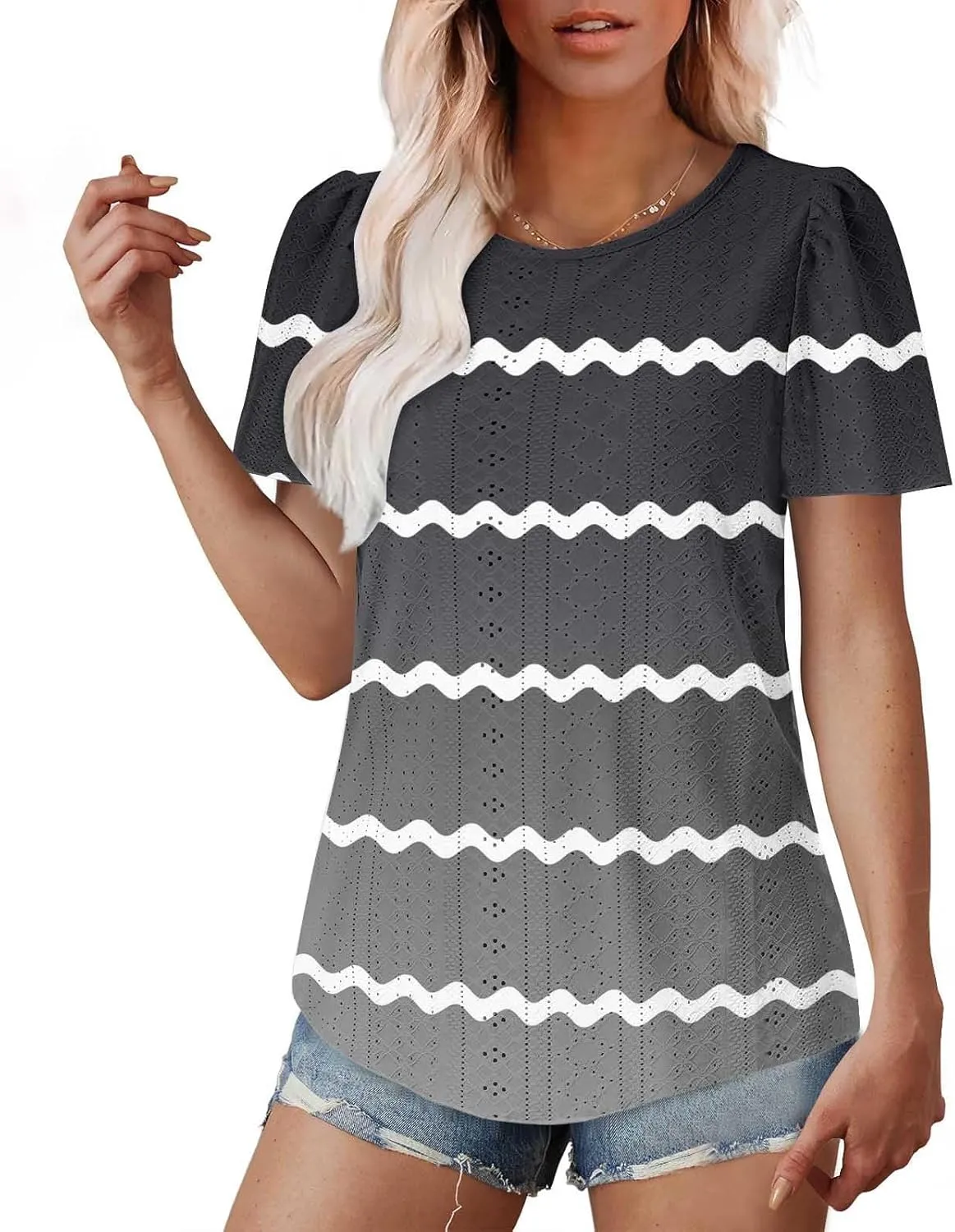 Womens Eyelet Shirts Short Sleeve Crewneck Tops Summer Casual Loose Fit Tunic Blouses Daily Work Basic Tees