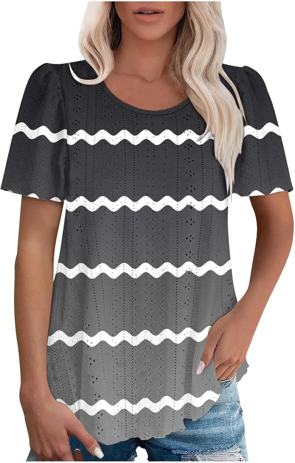 Womens Eyelet Shirts Short Sleeve Crewneck Tops Summer Casual Loose Fit Tunic Blouses Daily Work Basic Tees