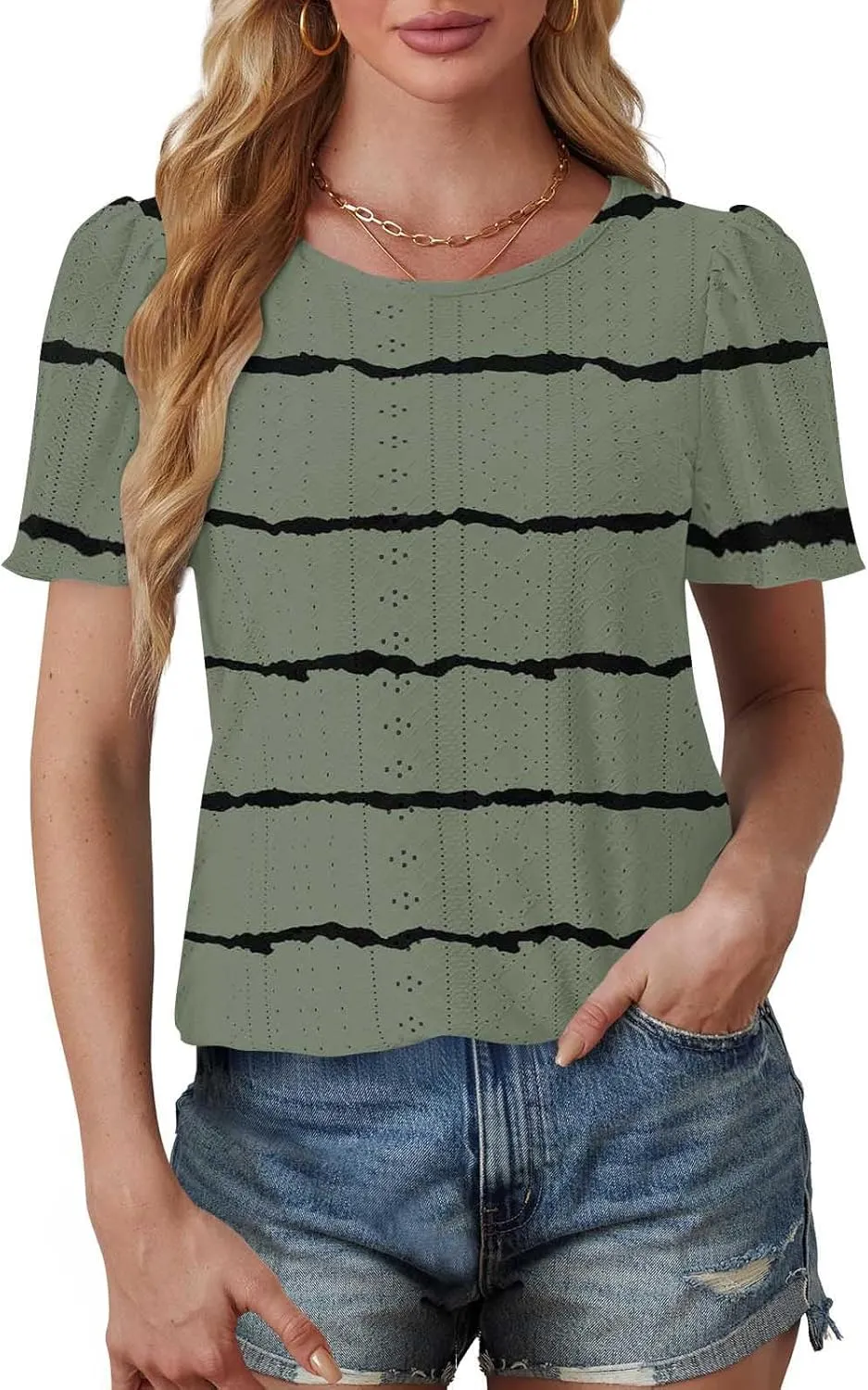Womens Eyelet Shirts Short Sleeve Crewneck Tops Summer Casual Loose Fit Tunic Blouses Daily Work Basic Tees