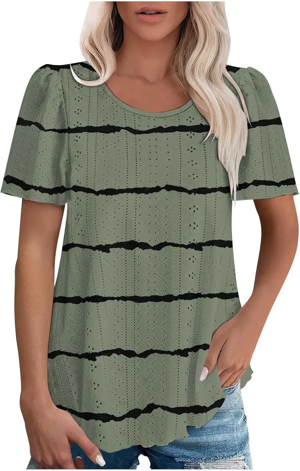 Womens Eyelet Shirts Short Sleeve Crewneck Tops Summer Casual Loose Fit Tunic Blouses Daily Work Basic Tees
