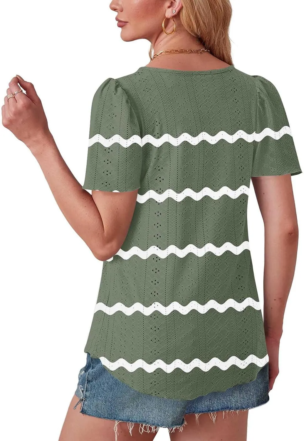 Womens Eyelet Shirts Short Sleeve Crewneck Tops Summer Casual Loose Fit Tunic Blouses Daily Work Basic Tees